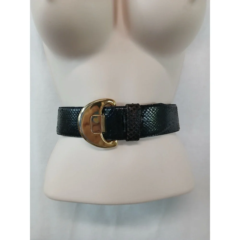 Jana Vintage Black Genuine Snake Skin Belt Gold‎ Crescent Buckle Wide Size M